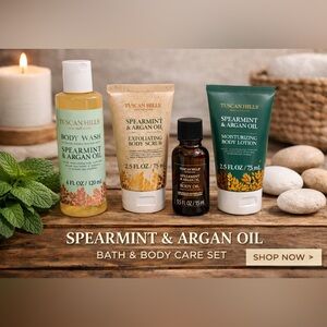 4 piece Tuscan Hills Spearmint & Argan Oil Body Wash Set - Green & Brown